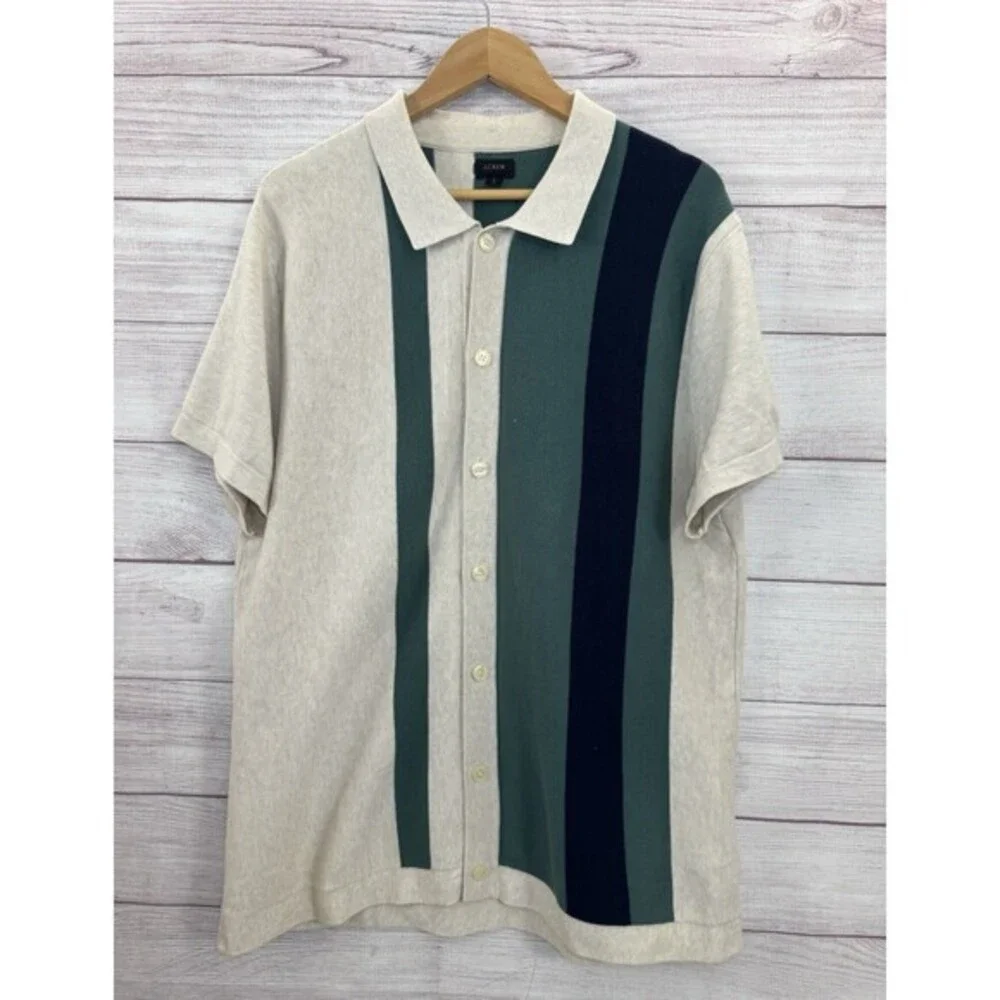 J Crew Men’s Striped Sweater Polo Short Sleeve Button Up Shirt Size Large